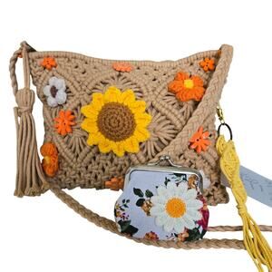 FLR PWR Transformed Macrame Sunflower bag floral coin purse tan yellow orange